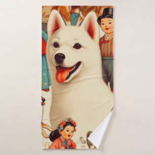 Vintage Korean Jindo Illustration Bath Towel
