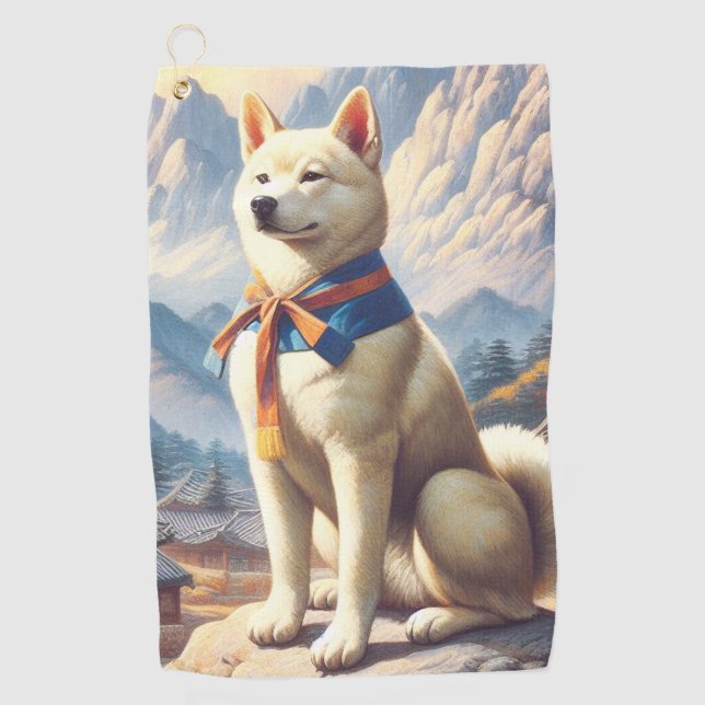 Vintage Korean Jindo Illustration Golf Towel (Front)