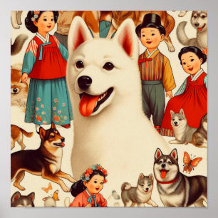 Vintage Korean Jindo Illustration Poster