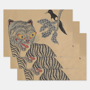 Vintage Korean Minhwa Tiger Scroll Wrapping Paper Sheets