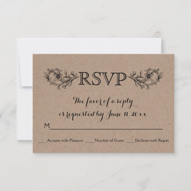 Vintage kraft cardboard floral wedding RSVP card (Front)