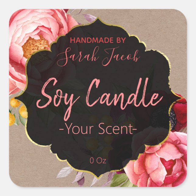 Vintage Kraft Floral Soy Scented Candle Labels (Front)