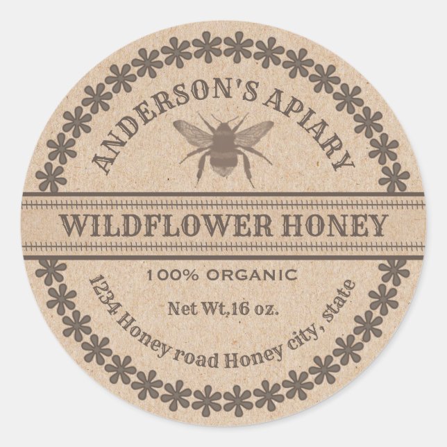 Vintage Kraft honeybee apiary honey jar label (Front)