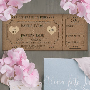 Vintage Kraft Wedding Ticket Invitation With RSVP