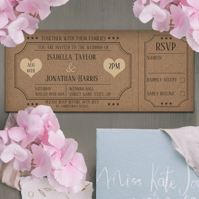 Vintage Kraft Wedding Ticket Invitation With RSVP (Creator Uploaded)