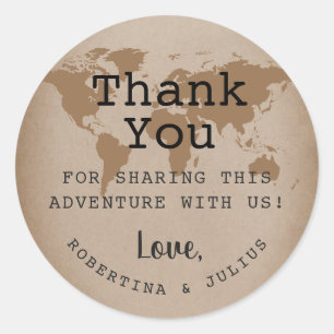 Vintage Kraft. World Map Travel Theme Thank You Classic Round Sticker