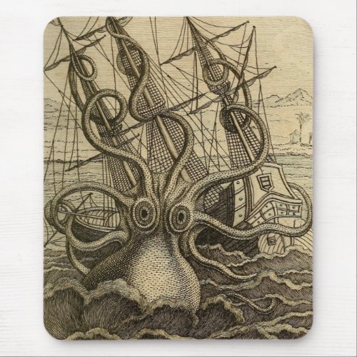 Vintage Kraken Giant Squid Sea Monster Ship Mouse Pad