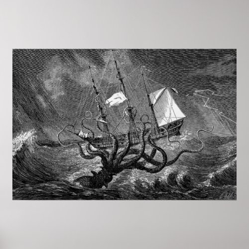 Vintage Kraken Giant Squid Sea Monster Ship Poster