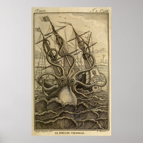 Vintage Kraken Giant Squid Sea Monster Ship Poster