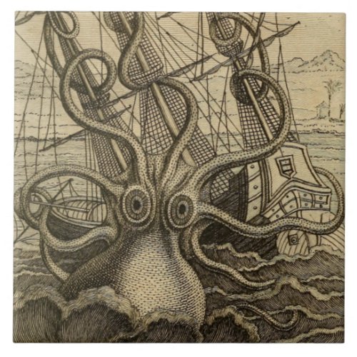Vintage Kraken Giant Squid Sea Monster Ship Poster Ceramic Tile
