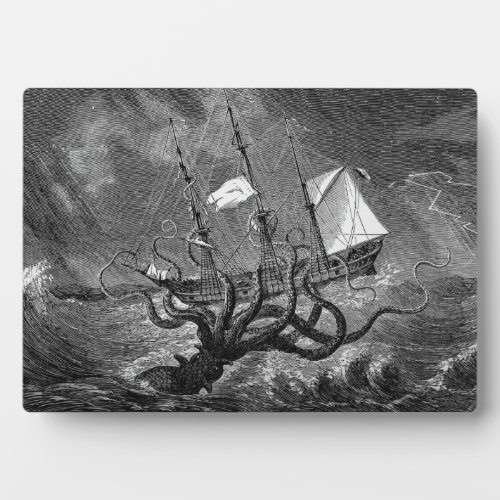 Vintage Kraken Giant Squid Sea Monster Ship Poster Plaque