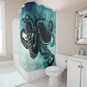 Vintage Kraken Octopus on Dark Teal Watercolor Shower Curtain