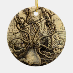 Vintage Kraken Print Ceramic Ornament