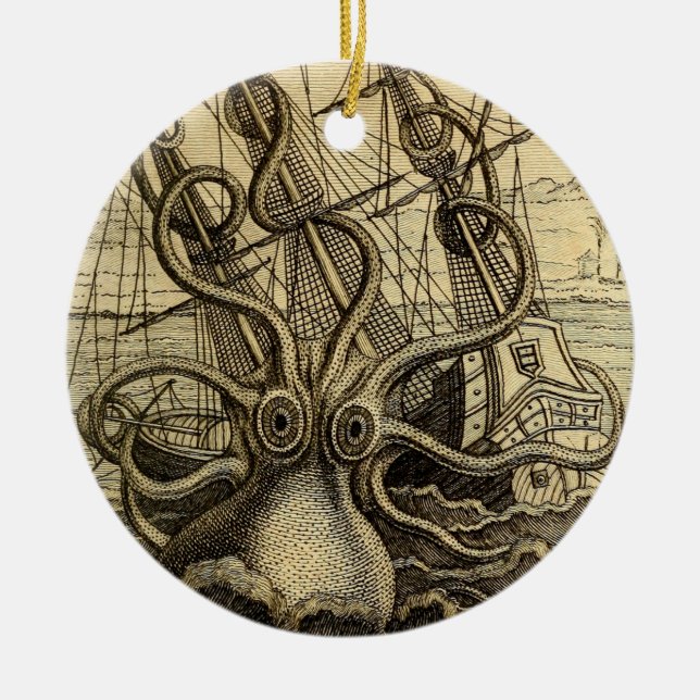 Vintage Kraken Print Ceramic Ornament (Front)