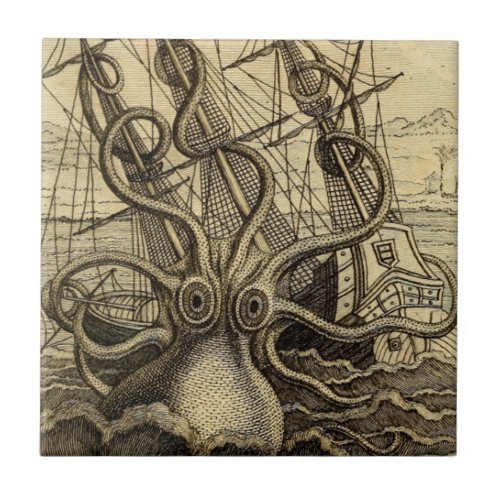 Vintage Kraken Print Ceramic Tile