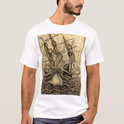 Vintage Kraken Print T_Shirt