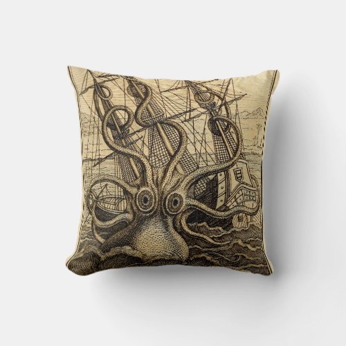 Vintage Kraken Print Throw Pillow