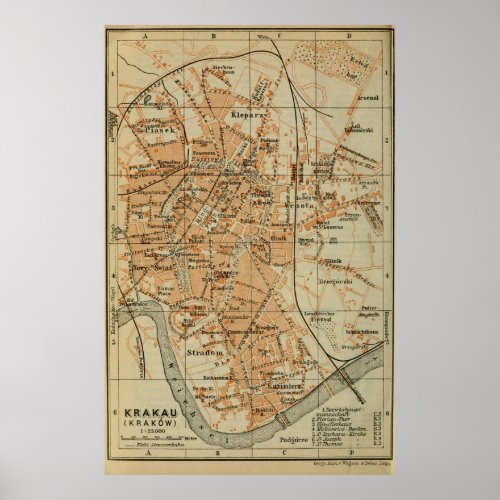 Vintage Krakow Poland Map 1911 Poster