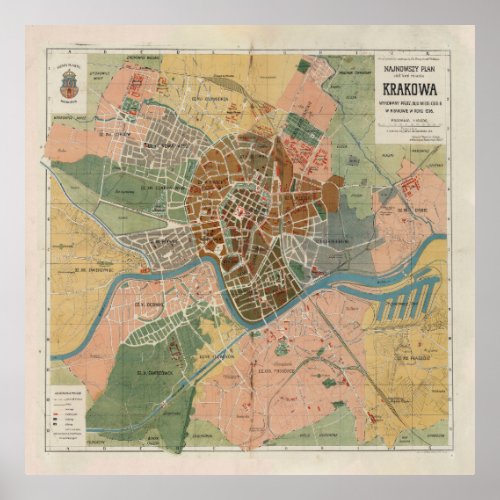 Vintage Krakow Poland Map 1916 Poster
