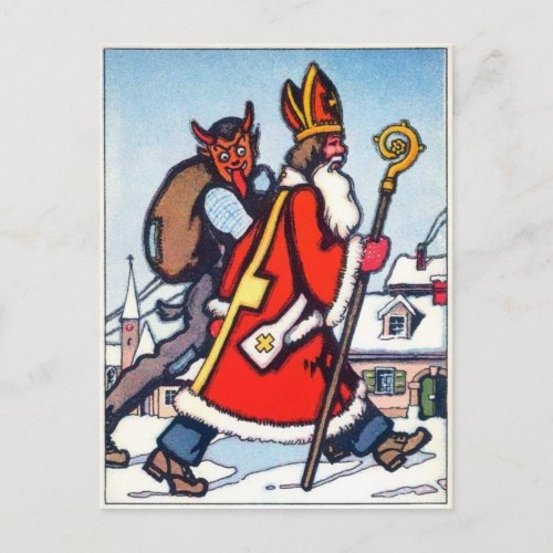 Vintage Krampus and Santa Postcard
