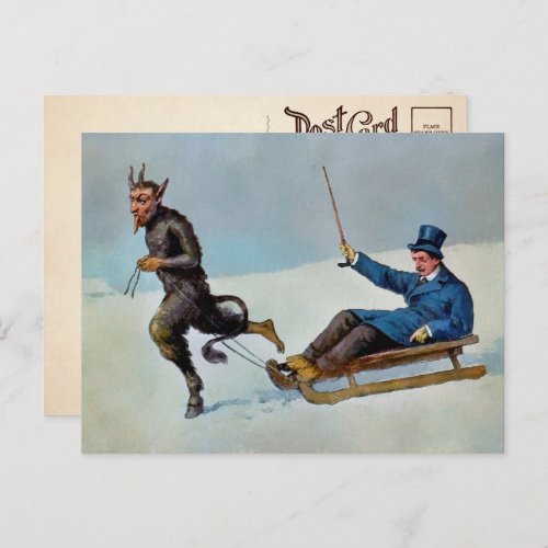 Vintage Krampus Pulling Sled Postcard