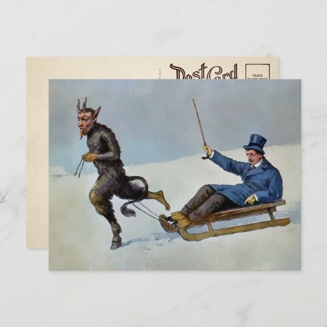 Vintage Krampus Pulling Sled Postcard (Front/Back)