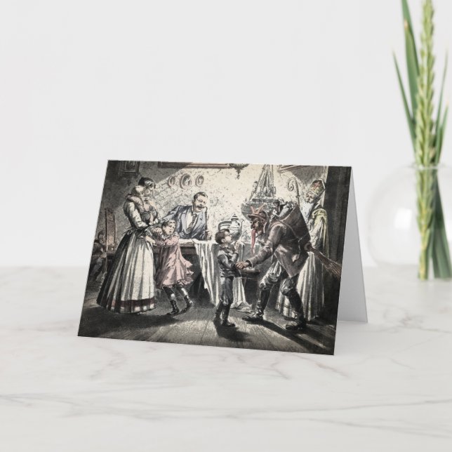 Vintage Krampus Scaring Children Holiday Card (Front)