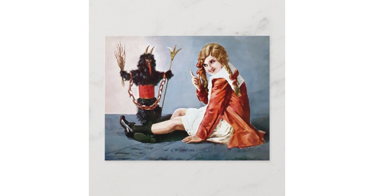 Vintage Krampus with Girl Christmas Postcard | Zazzle