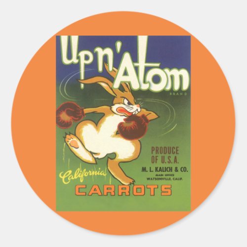 Vintage Label Art Boxing Rabbit Up n Atom Carrots