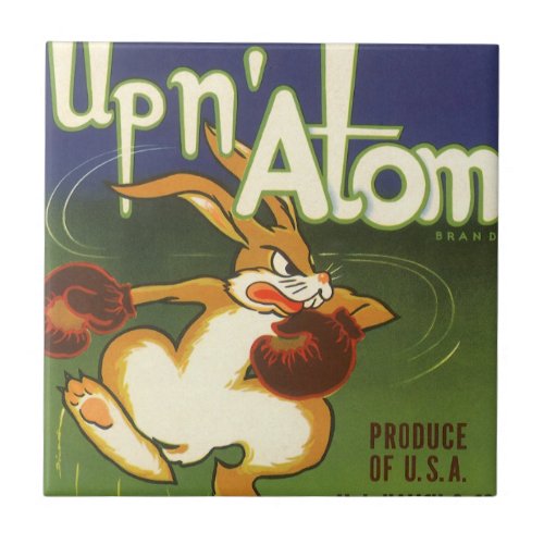 Vintage Label Art Boxing Rabbit Up n Atom Carrots Ceramic Tile