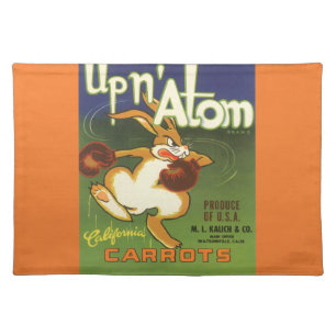 Vintage Label Art Boxing Rabbit, Up n Atom Carrots Cloth Placemat