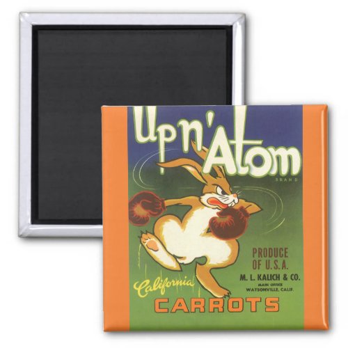 Vintage Label Art Boxing Rabbit Up n Atom Carrots Magnet