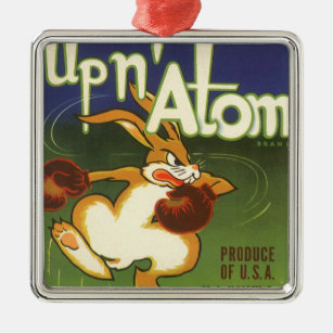 Vintage Label Art Boxing Rabbit, Up n Atom Carrots Metal Ornament