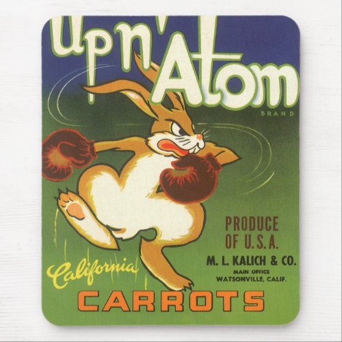 Vintage Label Art Boxing Rabbit Up n Atom Carrots Mouse Pad