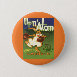 Vintage Label Art Boxing Rabbit, Up n Atom Carrots Pinback Button