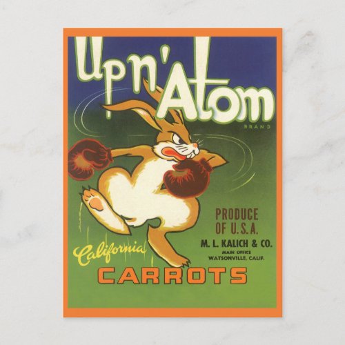 Vintage Label Art Boxing Rabbit Up n Atom Carrots Postcard