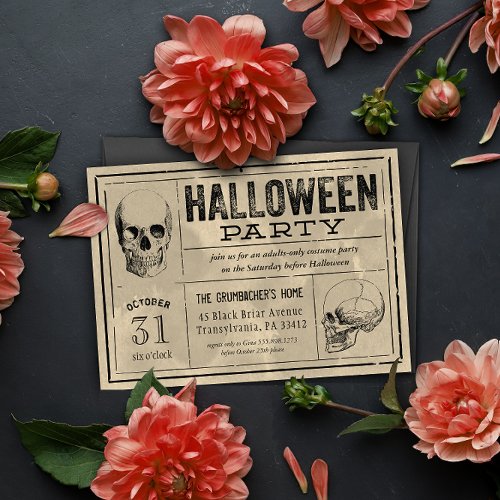 Vintage Label Halloween Party Invitation Skulls