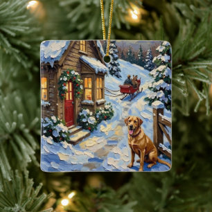 Vintage Labrador Retriever Christmas Cottage Ceramic Ornament