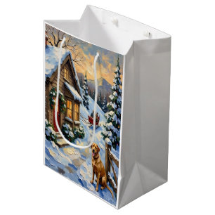 Vintage Labrador Retriever Christmas Cottage Medium Gift Bag