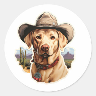 Vintage Labrador Retriver wearing a cowboy hat Classic Round Sticker