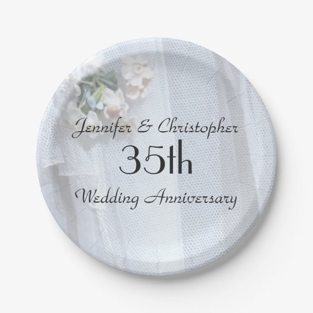 Vintage Lace 35th Wedding Anniversary, Name, Paper Plates (Front)