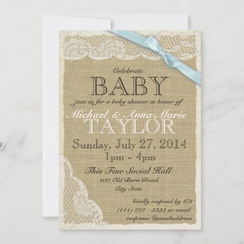 Vintage Lace and Bow Baby Shower Blue Invitation