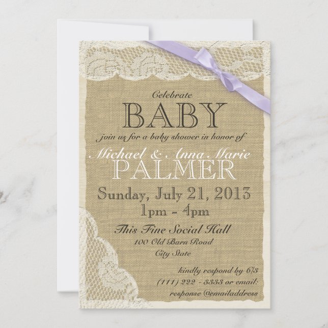 Vintage Lace and Bow Baby Shower Purple Invitation (Front)