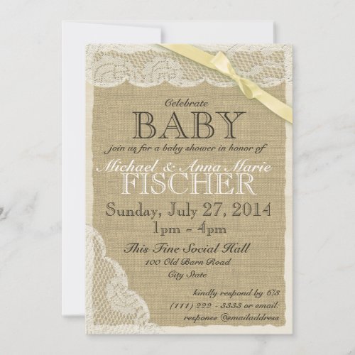 Vintage Lace and Bow Baby Shower Yellow Custom Announcement