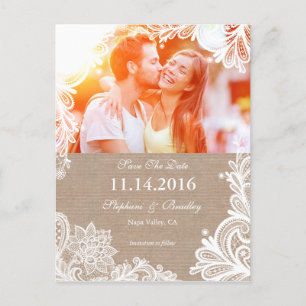 Vintage Lace and Burlap Save the Date Postcard