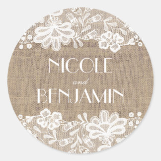 Vintage Lace and Burlap Wedding Classic Round Sticker