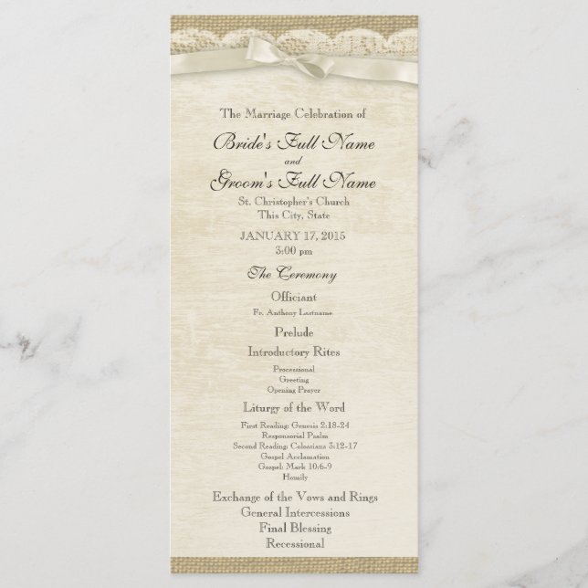 Vintage Lace and Burlap Wedding Program (Front)