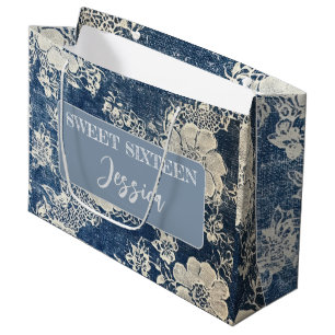 Vintage Lace and Denim Sweet Sixteen Large Gift Bag
