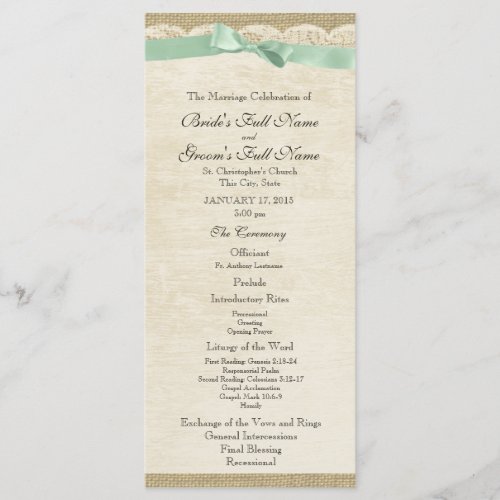 Vintage Lace and Mint Green Bow Wedding Program