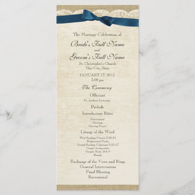 Vintage Lace and Navy Blue Bow Wedding Program (Front)